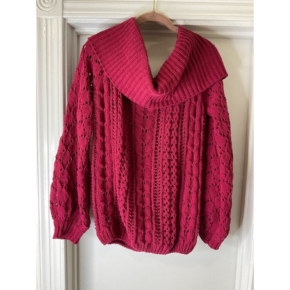 Umgee Women's Large Pink Crochet Knit Cowl Neck Sweater Hallmark Feminine
